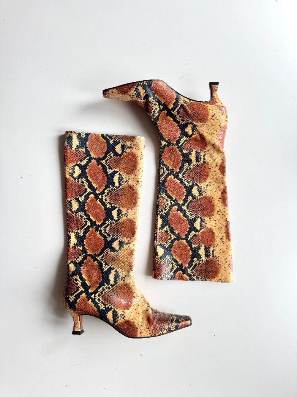 L'INTERVALLE Brown Tan Python Snake Leather Tall Kitten Heel Boots, Size 37